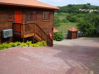 Extensive paving on sloping ground.